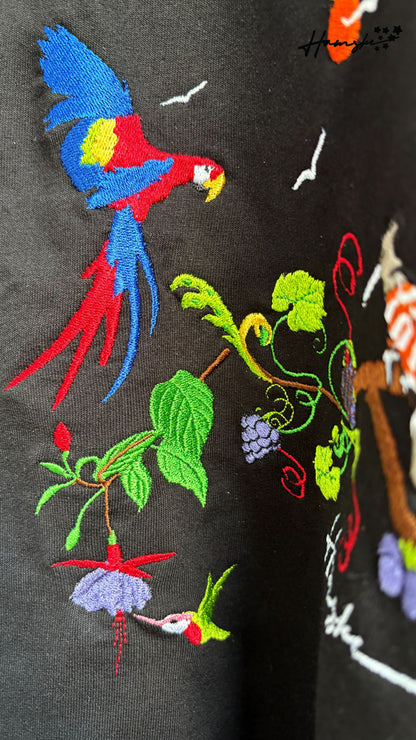 Birds Embroidery T-shirt - Black
