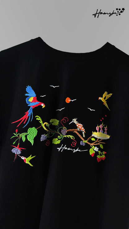 Birds Embroidery T-shirt - Black