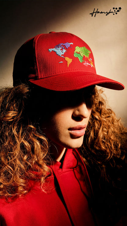 World Map Embroidery Cap - Red