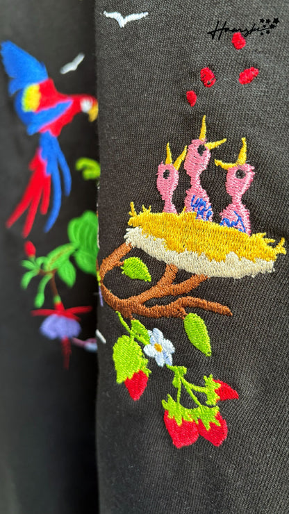 Birds Embroidery T-shirt - Black