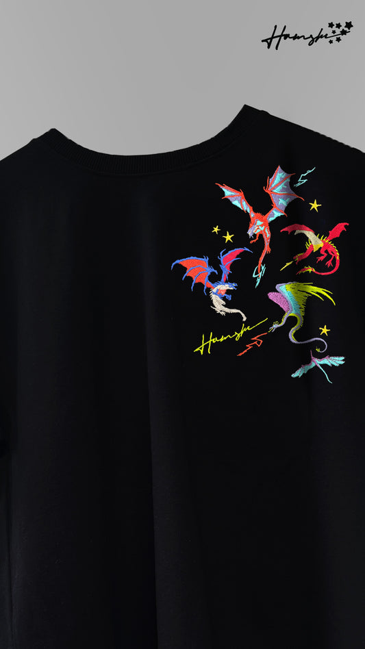 Dragons Fire Embroidery T-shirt - Black