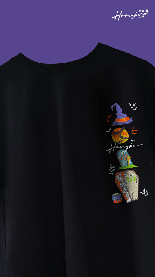 Halloween Embroidery T-shirt - Black