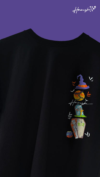 Halloween Embroidery T-shirt - Black