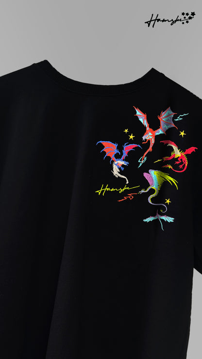 Dragons Fire Embroidery T-shirt - Black