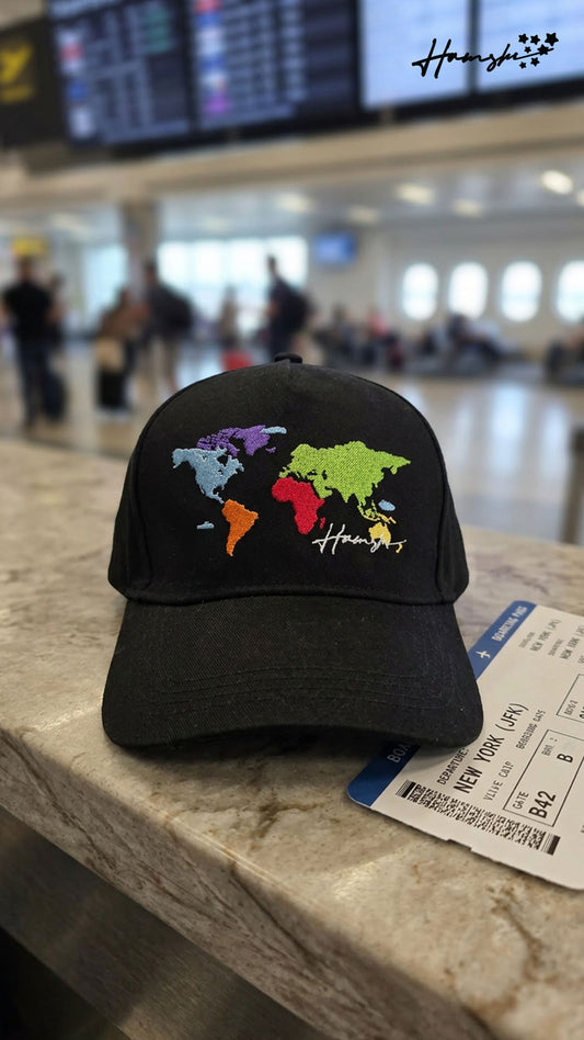 World Map Embroidery Cap - Black