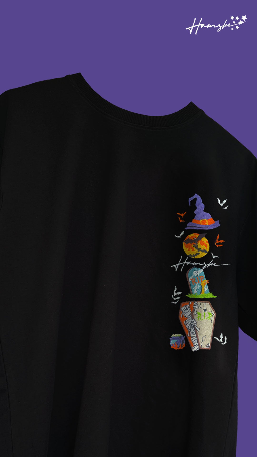 Halloween Embroidery T-shirt - Black