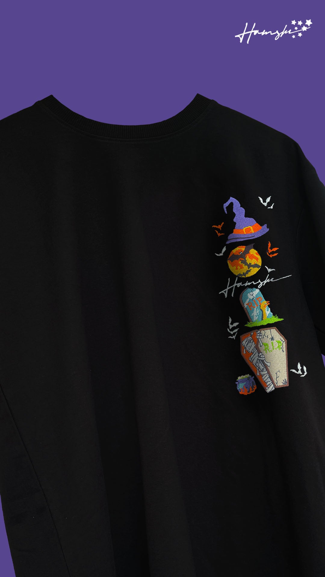 Halloween Embroidery T-shirt - Black