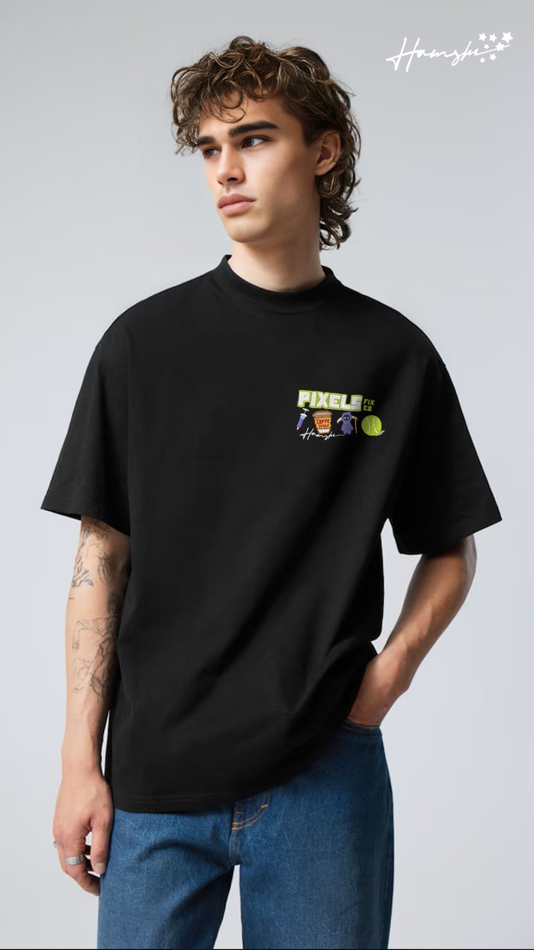 Pixel Art -3D Embroidery T-shirt - Black