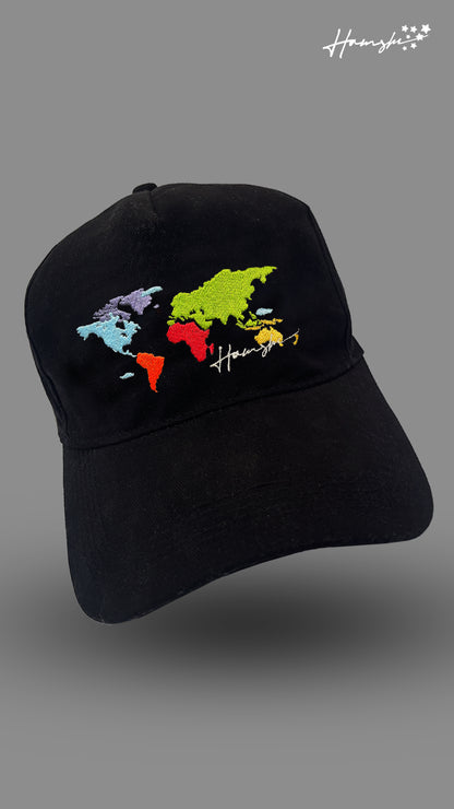 World Map Embroidery Cap - Black