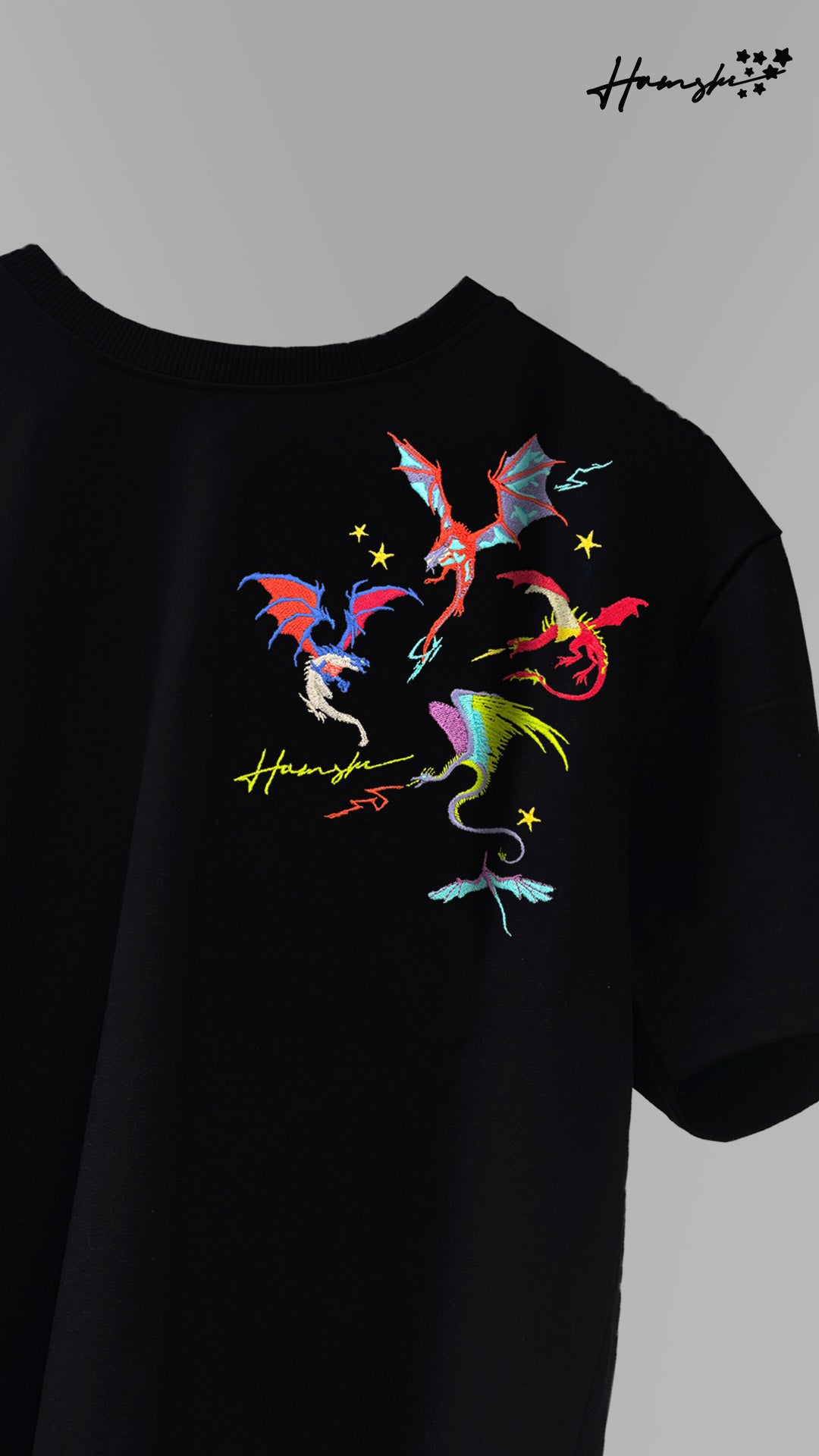 Dragons Fire Embroidery T-shirt - Black