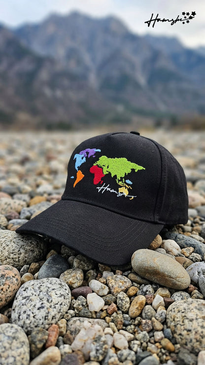 World Map Embroidery Cap - Black