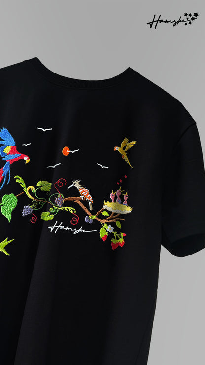 Birds Embroidery T-shirt - Black