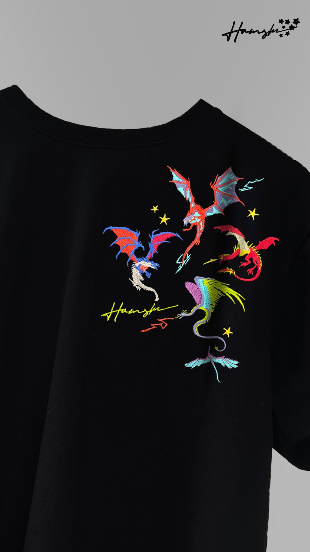 Dragons Fire Embroidery T-shirt - Black
