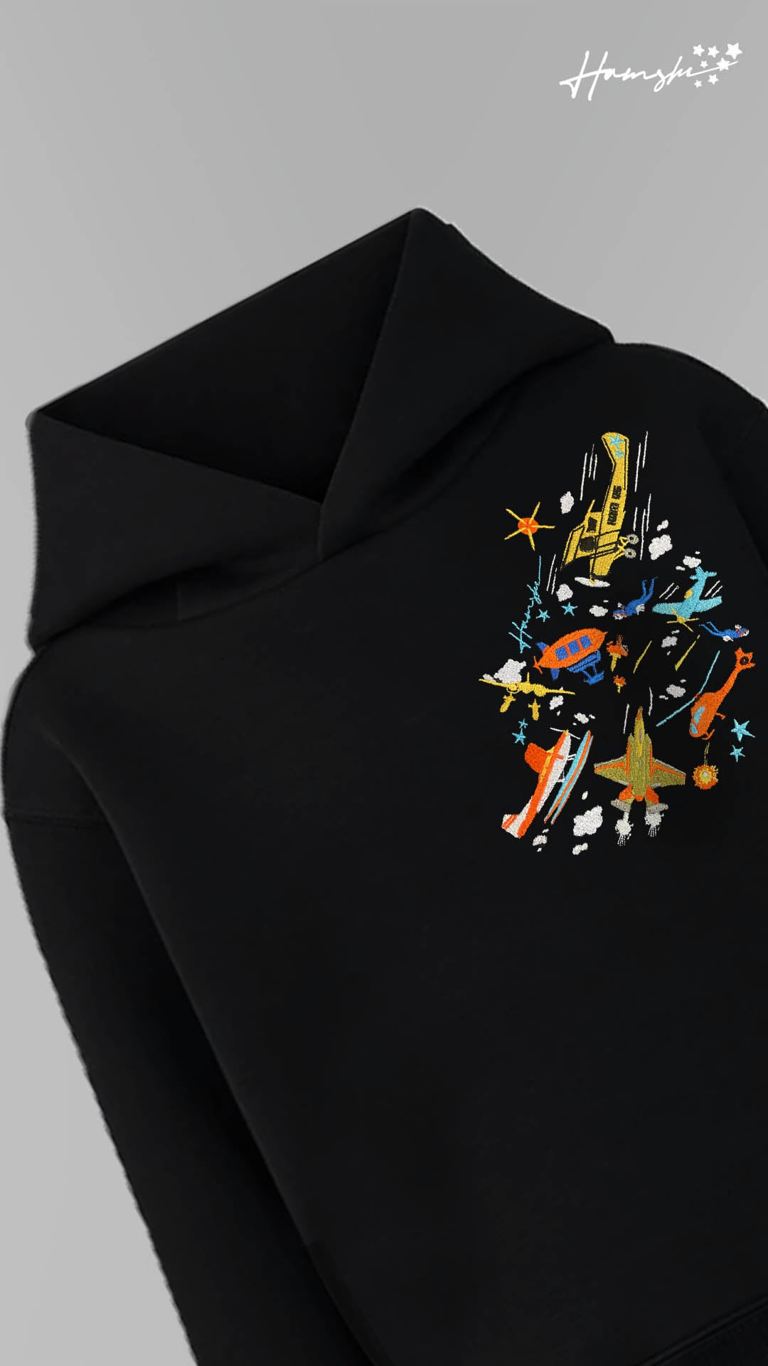 Planes Strike Embroidery Hoodie - Black