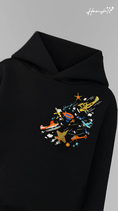 Planes Strike Embroidery Hoodie - Black