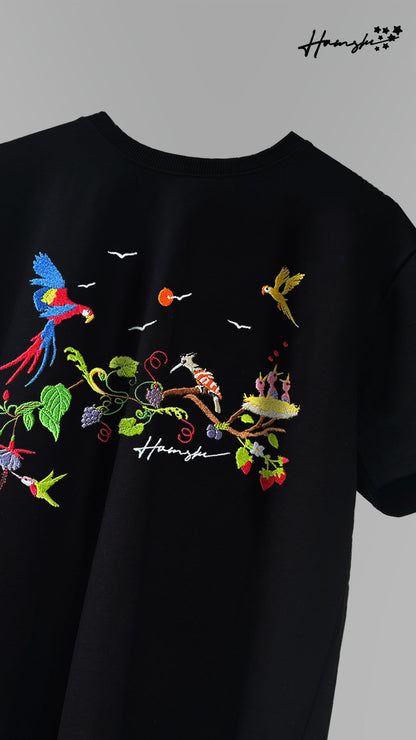 Birds Embroidery T-shirt - Black