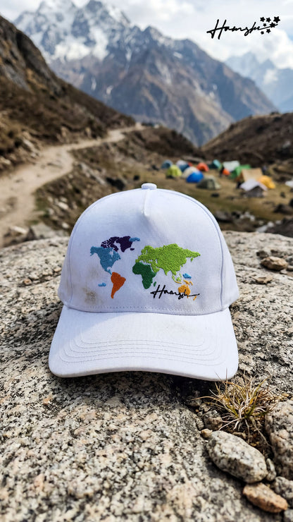 World Map Embroidery Cap - White