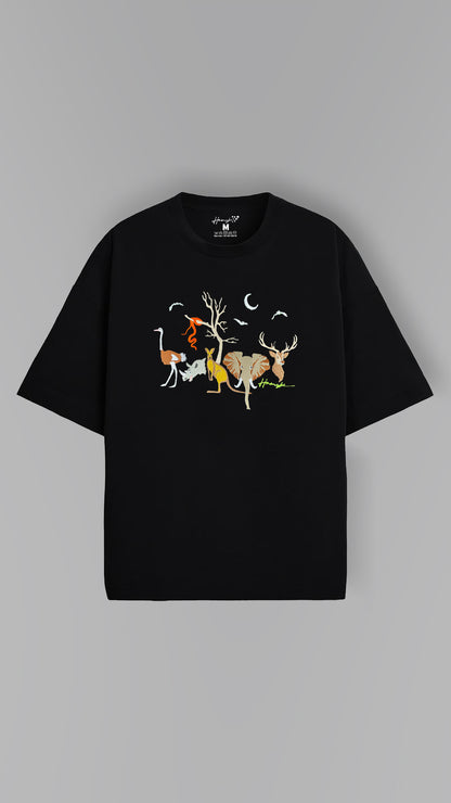 Forest Night Embroidery T-shirt - Black