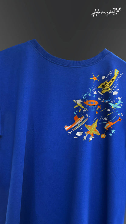 Planes Strike Embroidery T-shirt - Blue