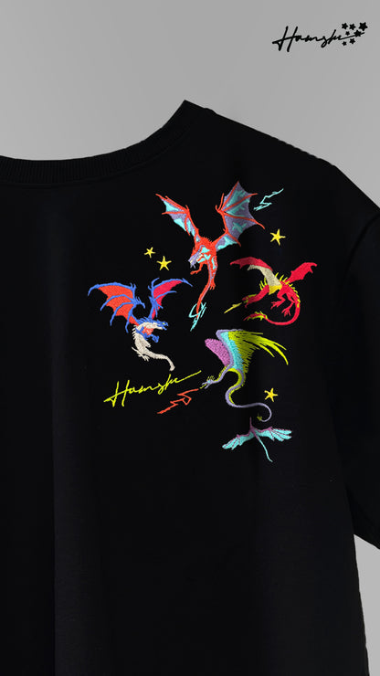Dragons Fire Embroidery T-shirt - Black