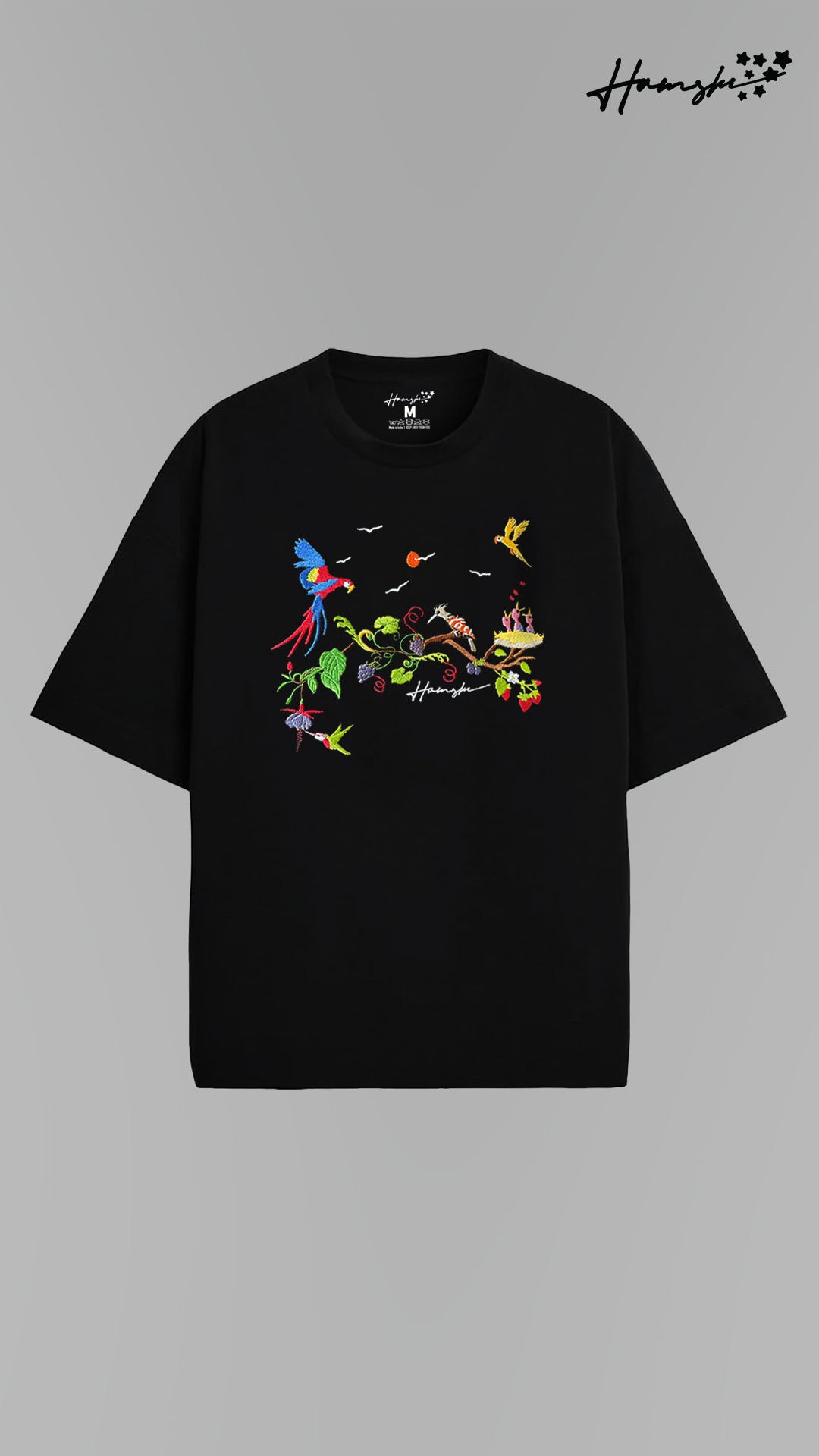 Birds Embroidery T-shirt - Black