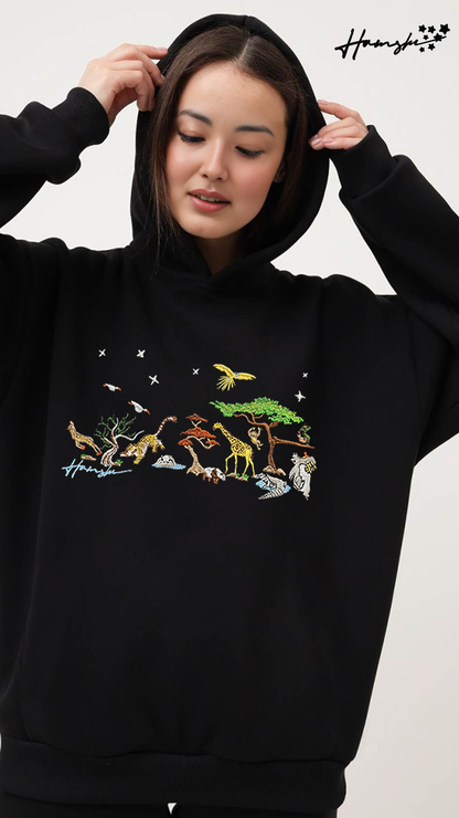 Wild Life Embroidery Hoodie - Black