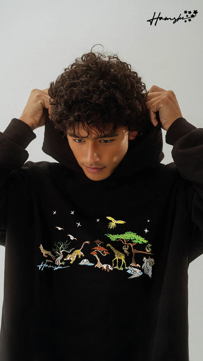 Wild Life Embroidery Hoodie - Black
