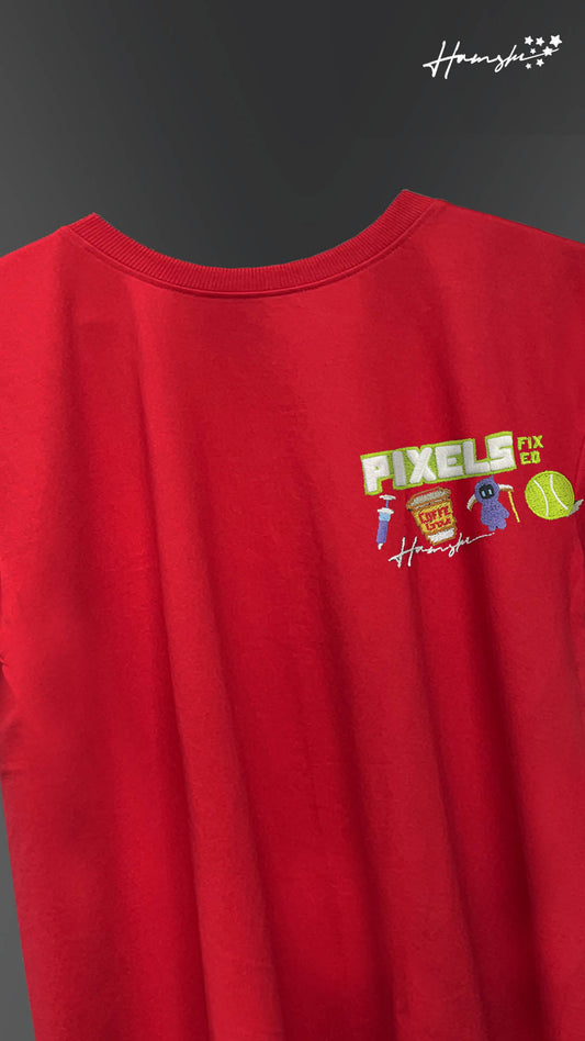 Pixels -3D Embroidery T-shirt - Red