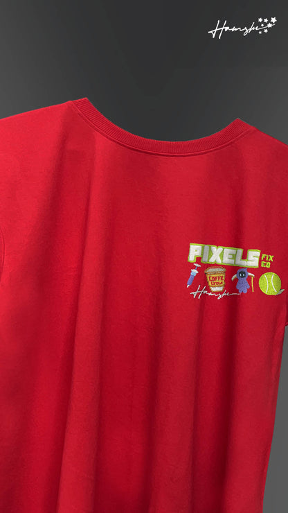 Pixels -3D Embroidery T-shirt - Red