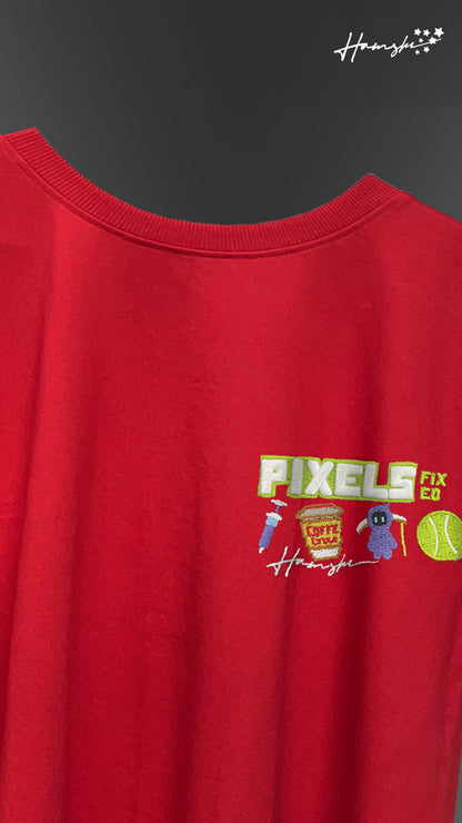 Pixels -3D Embroidery T-shirt - Red