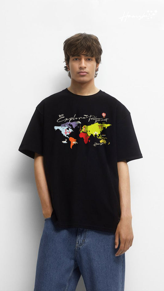 World Map  Embroidery T-shirt - Black