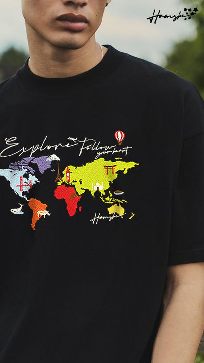 World Map  Embroidery T-shirt - Black