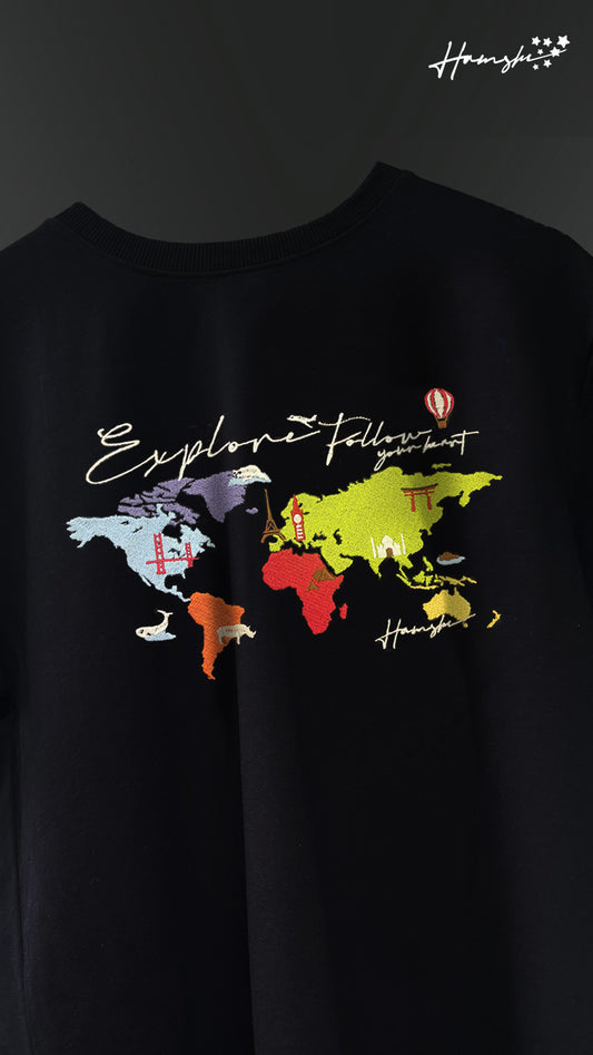 World Map  Embroidery T-shirt - Black