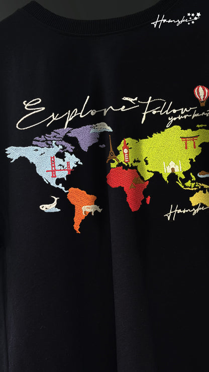 World Map  Embroidery T-shirt - Black