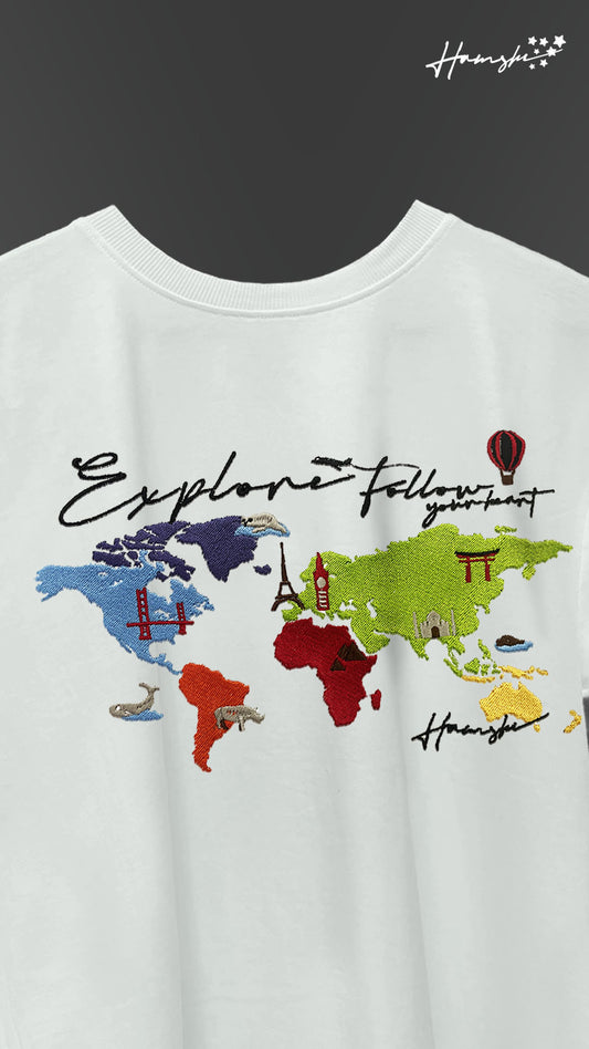 World Map Embroidery T-shirt - White