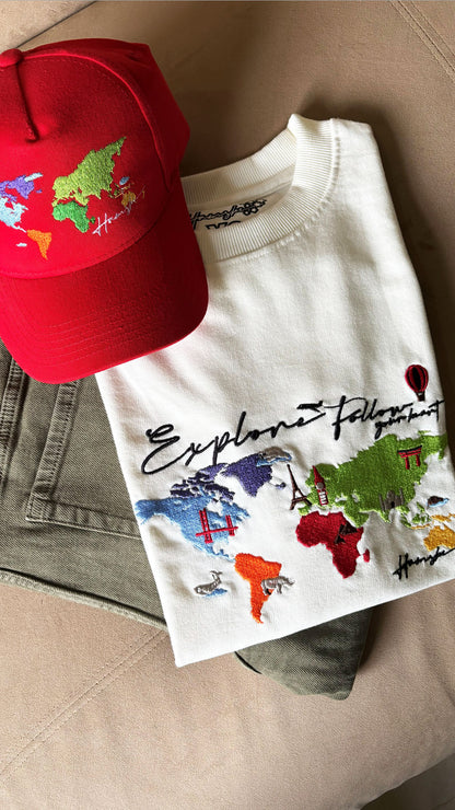 World Map Embroidery T-shirt - White