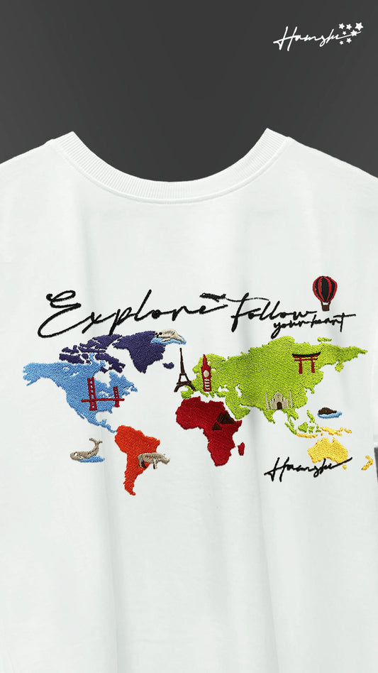 World Map Embroidery T-shirt - White