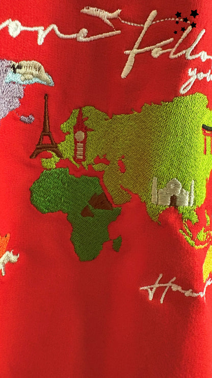 World Map Embroidery T-shirt - Red