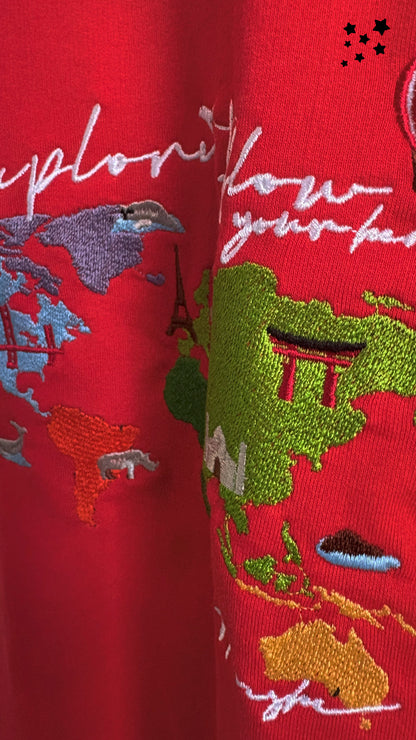 World Map Embroidery T-shirt - Red
