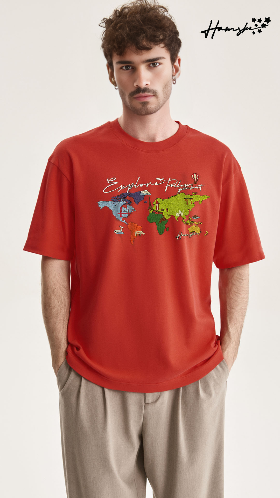 World Map Embroidery T-shirt - Red