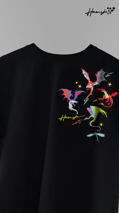 Dragons Fire Embroidery T-shirt - Black