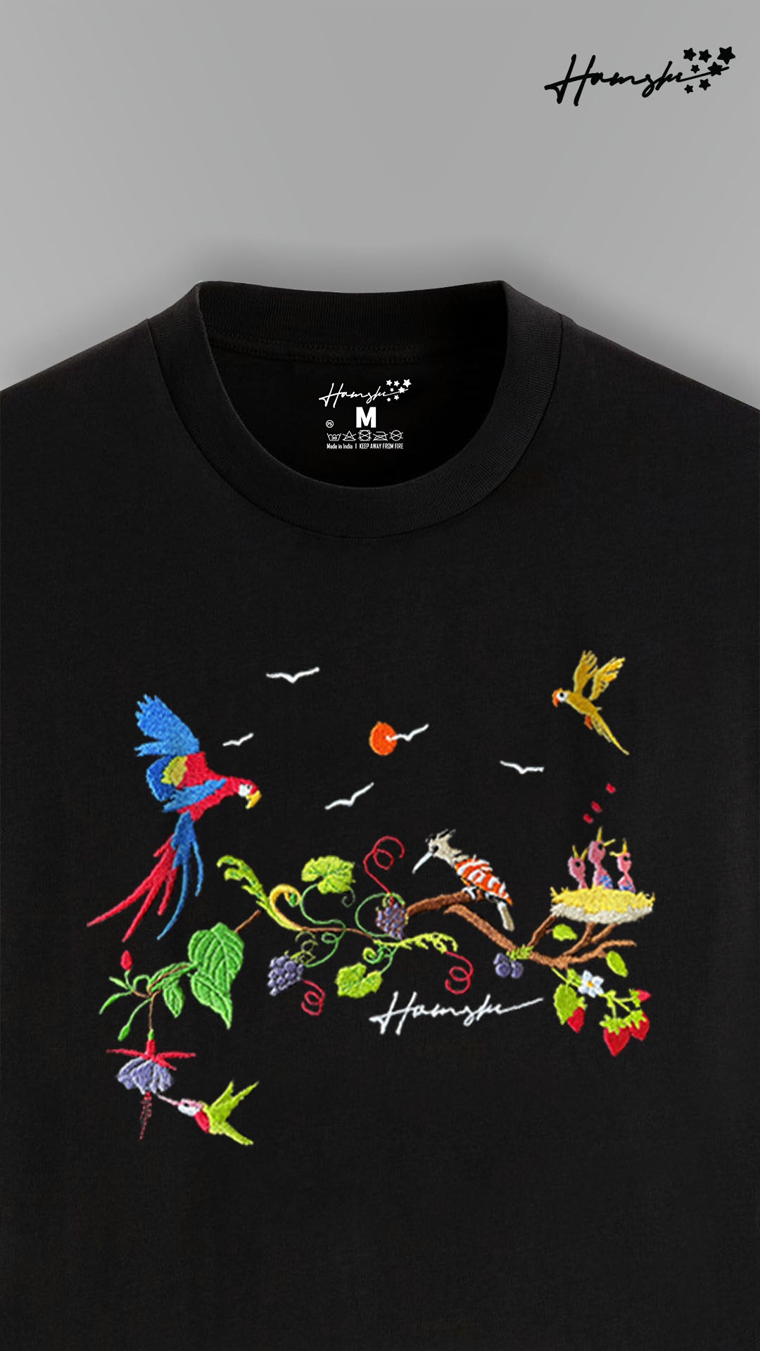 Birds Embroidery T-shirt - Black