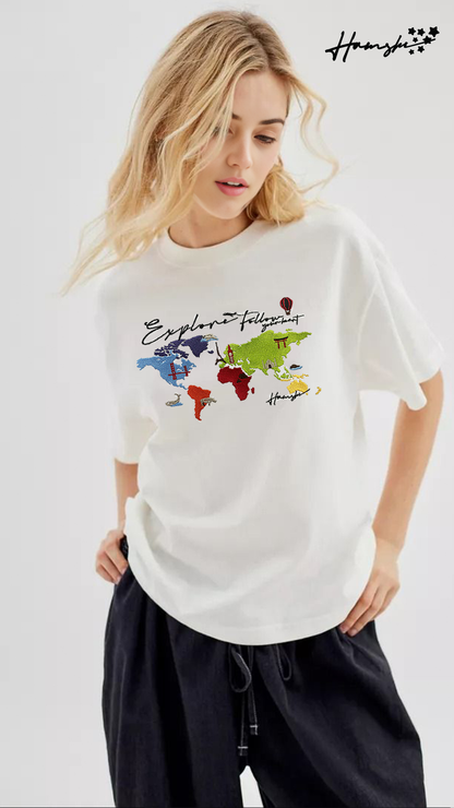 World Map Embroidery T-shirt - White