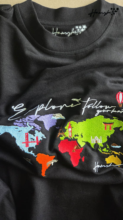World Map  Embroidery T-shirt - Black