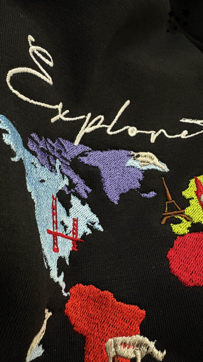 World Map Embroidery Hoodie - Black