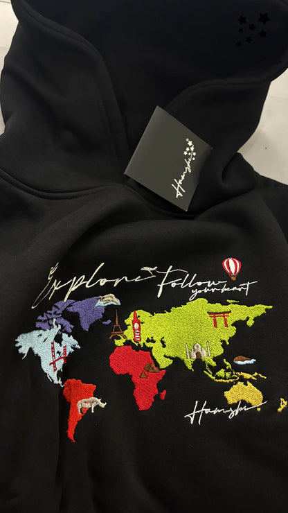 World Map Embroidery Hoodie - Black