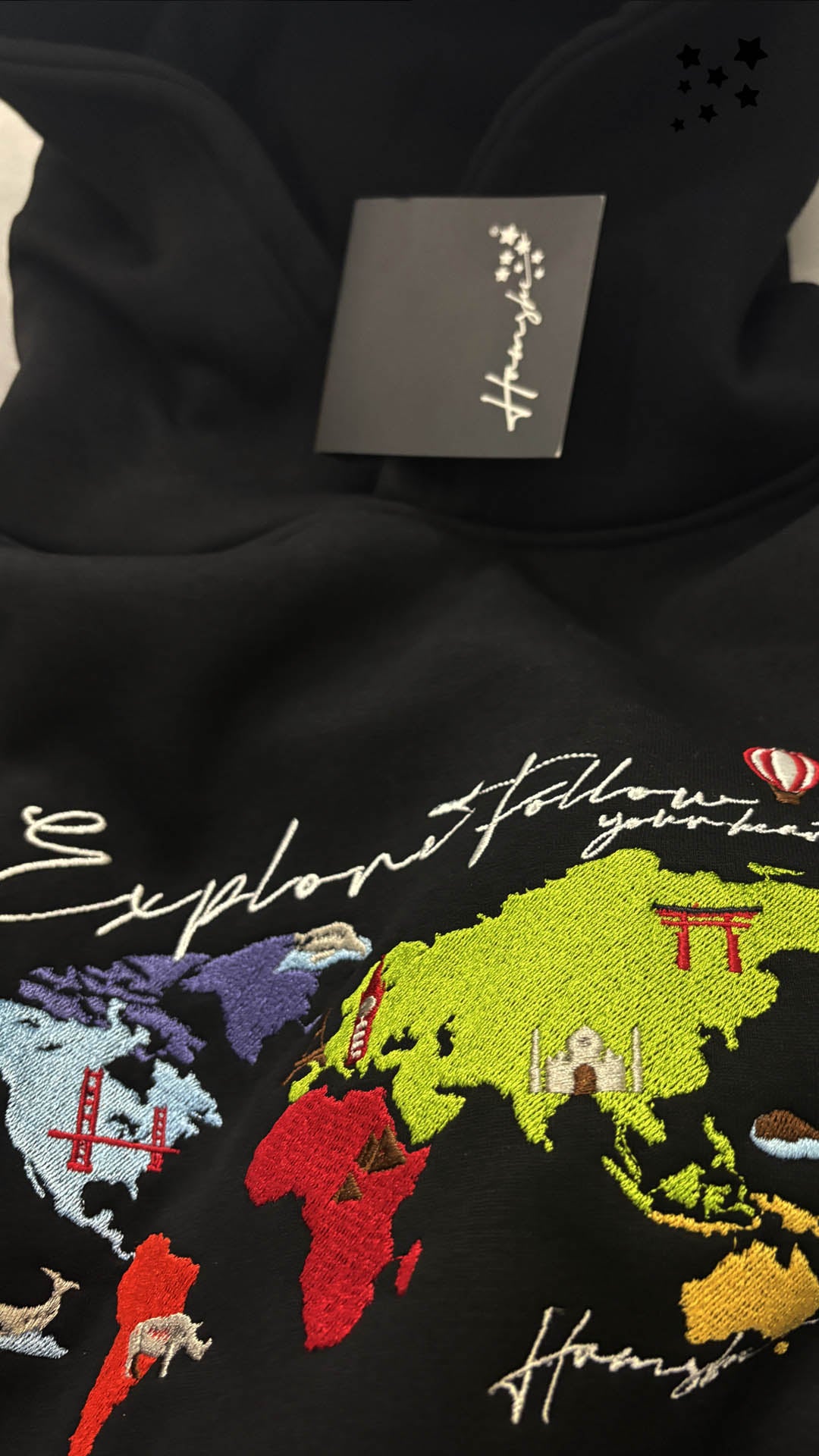 World Map Embroidery Hoodie - Black