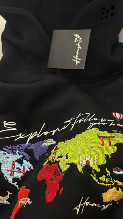 World Map Embroidery Hoodie - Black