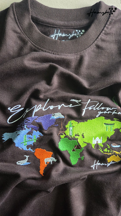World Map  Embroidery T-shirt - Brown