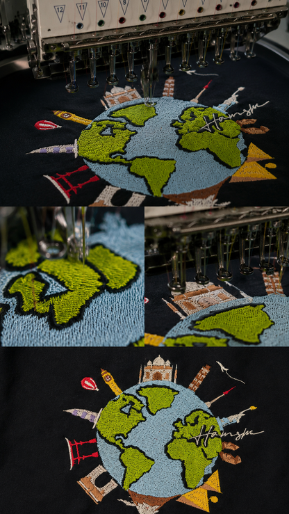 Global Travel Embroidery T-shirt - Black